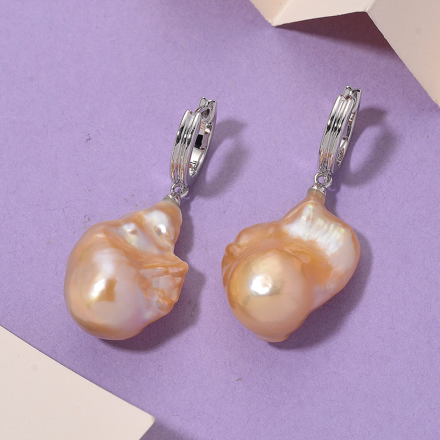 Peach Baroque Pearl Pearl Earring with Hoop in Rhodium Overlay Sterling Silver 60.00 Ct.