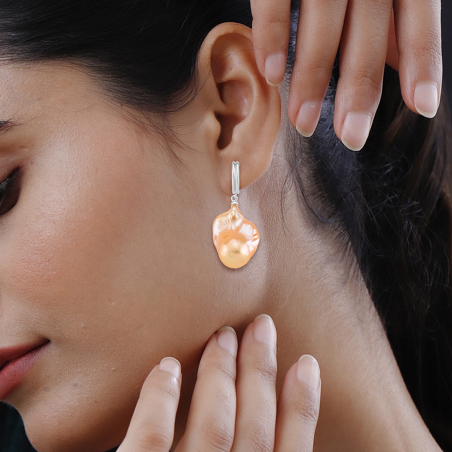 Peach Baroque Pearl Pearl Earring with Hoop in Rhodium Overlay Sterling Silver 60.00 Ct.