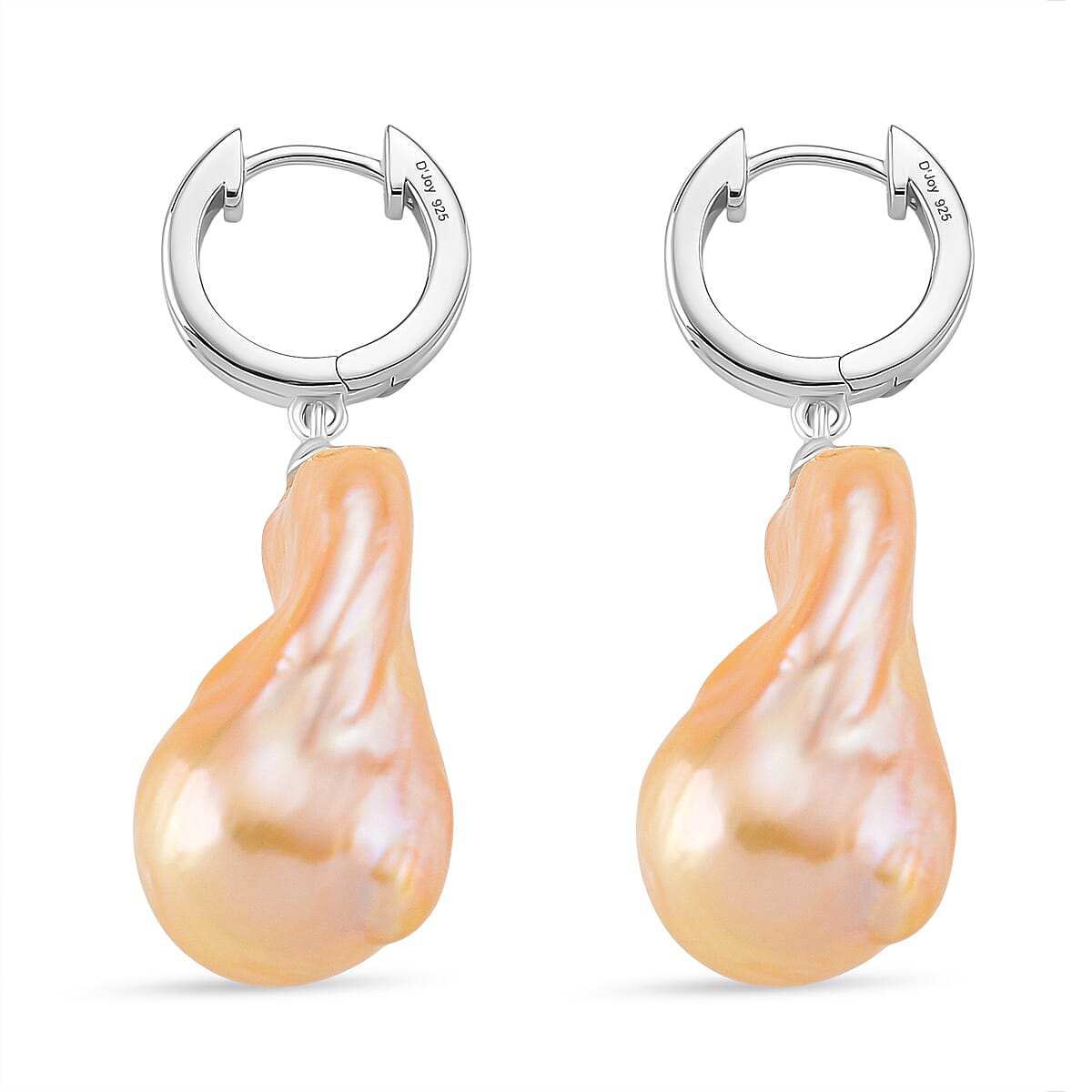 Peach Baroque Pearl Pearl Earring with Hoop in Rhodium Overlay Sterling Silver 60.00 Ct.