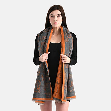 Styled By Cat Print Scarf (64x180cm) - Grey - Orange