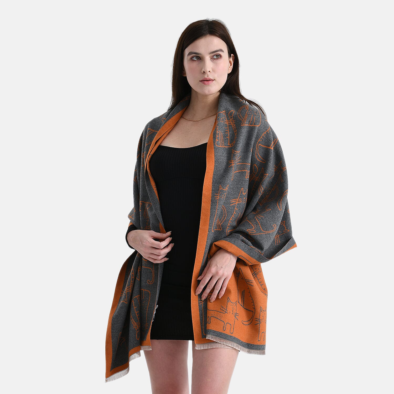 Styled By Cat Print Scarf (64x180cm) - Grey - Orange