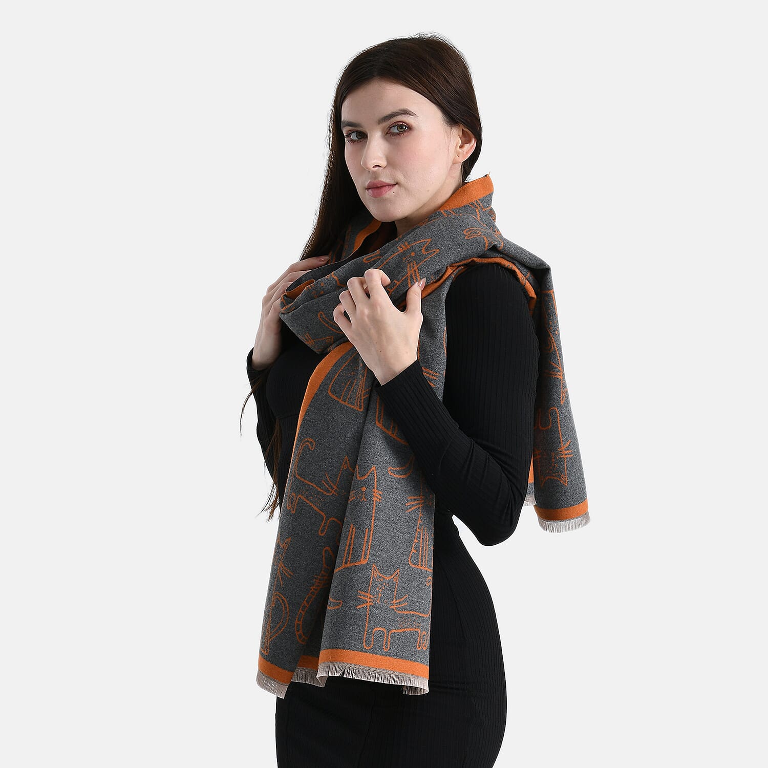 Styled By Cat Print Scarf (64x180cm) - Grey - Orange