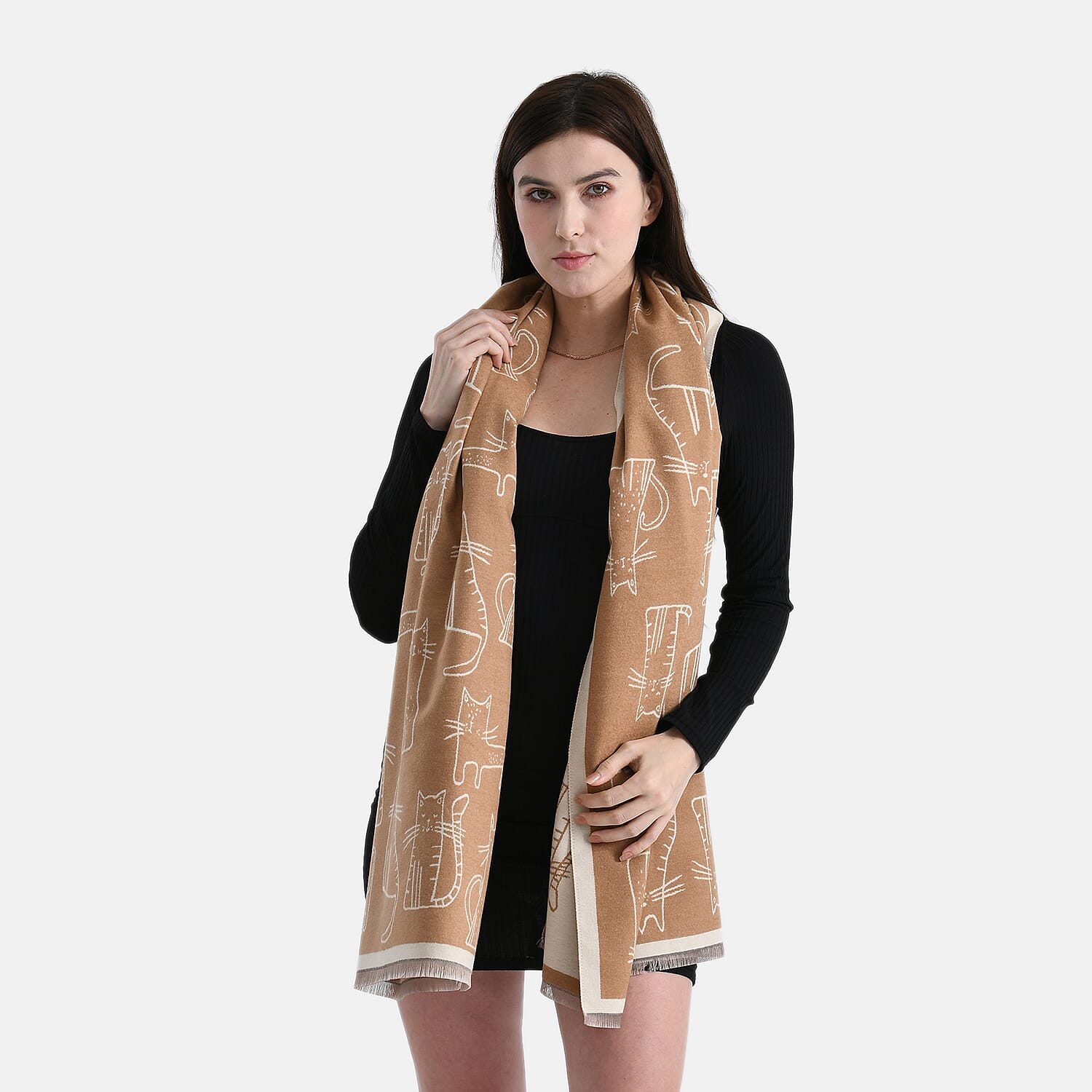 Styled By Cat Print Scarf (64x180cm) - Brown - Off White