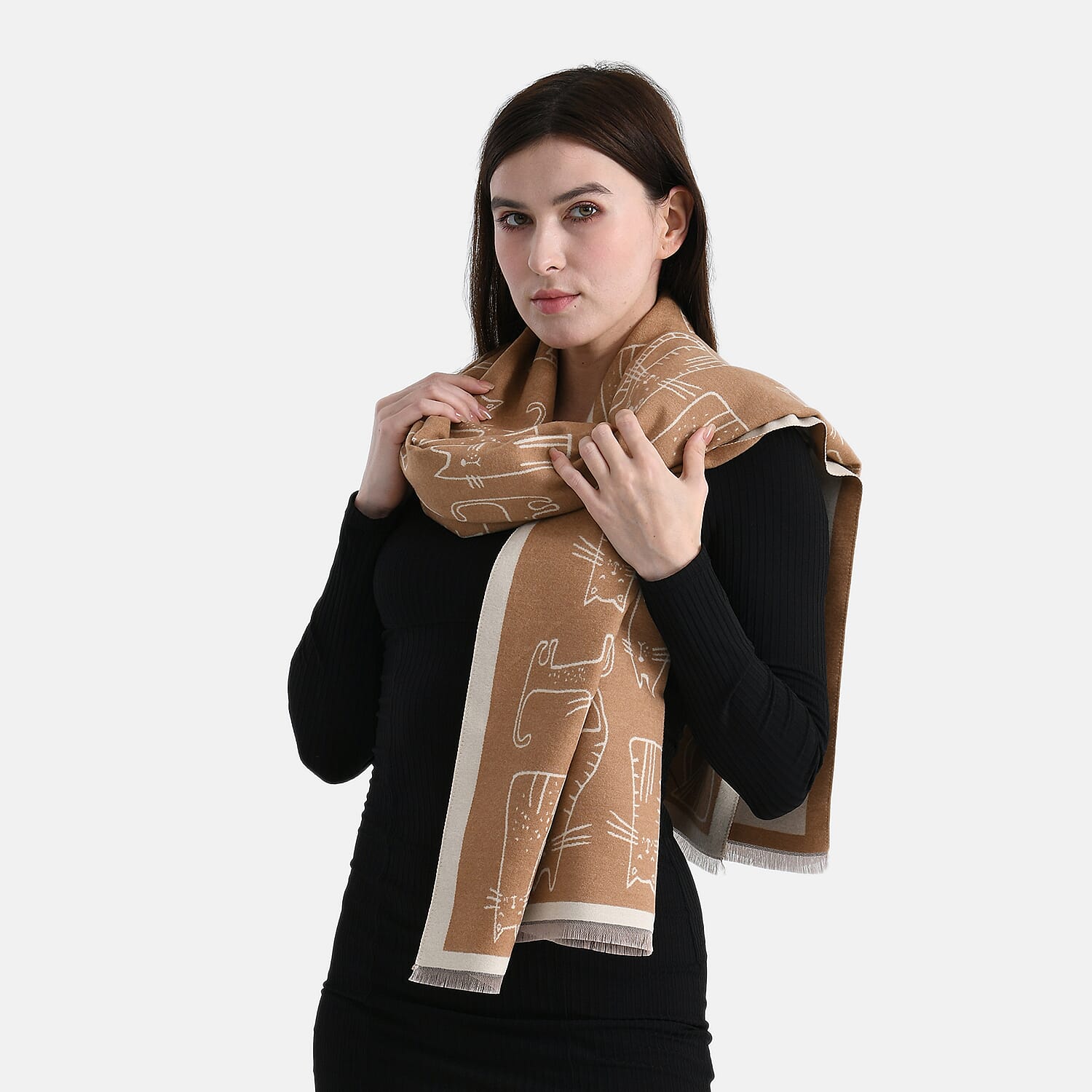 Styled By Cat Print Scarf (64x180cm) - Brown - Off White