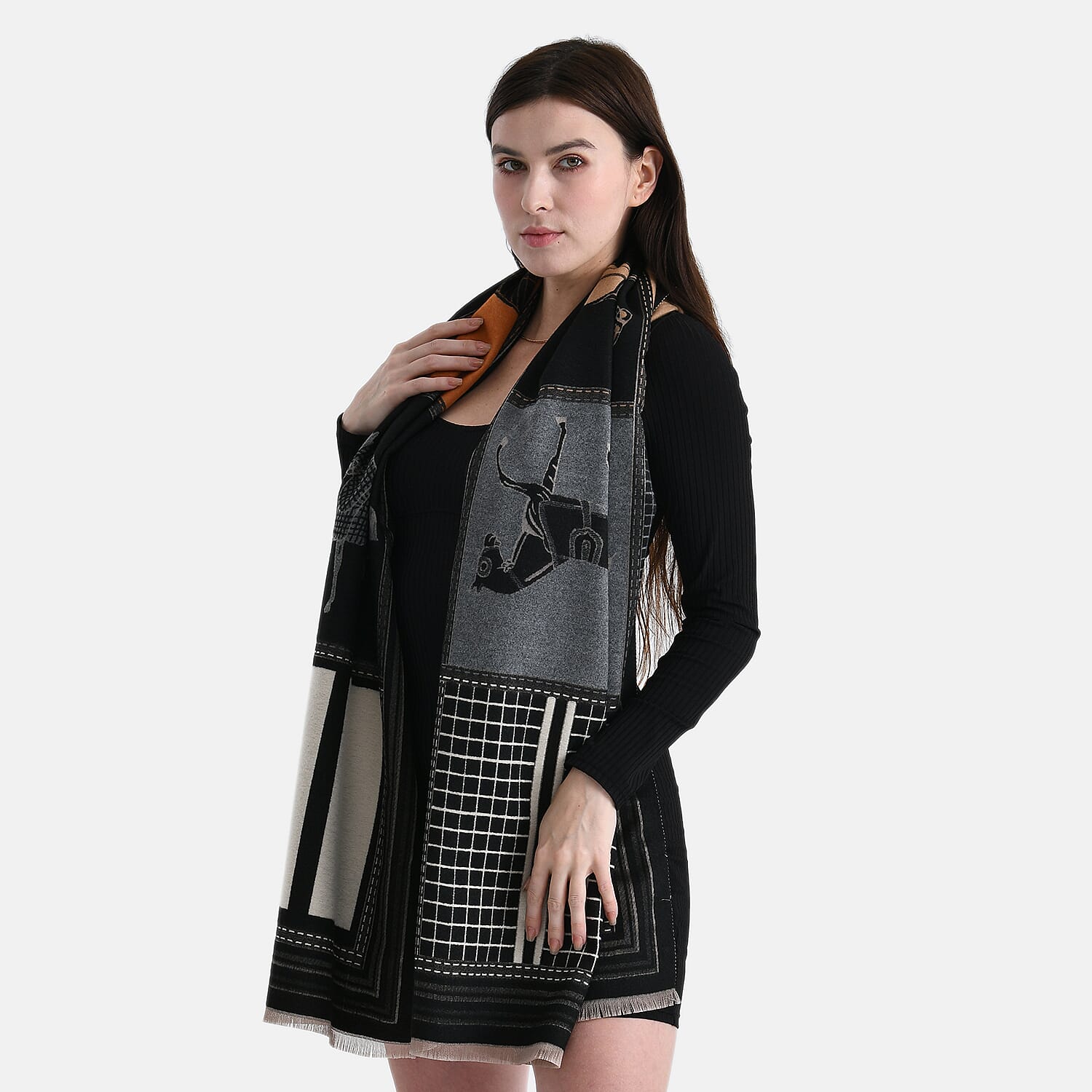 Styled By Horse Print Scarf (64x180cm) - Black, White - Brown