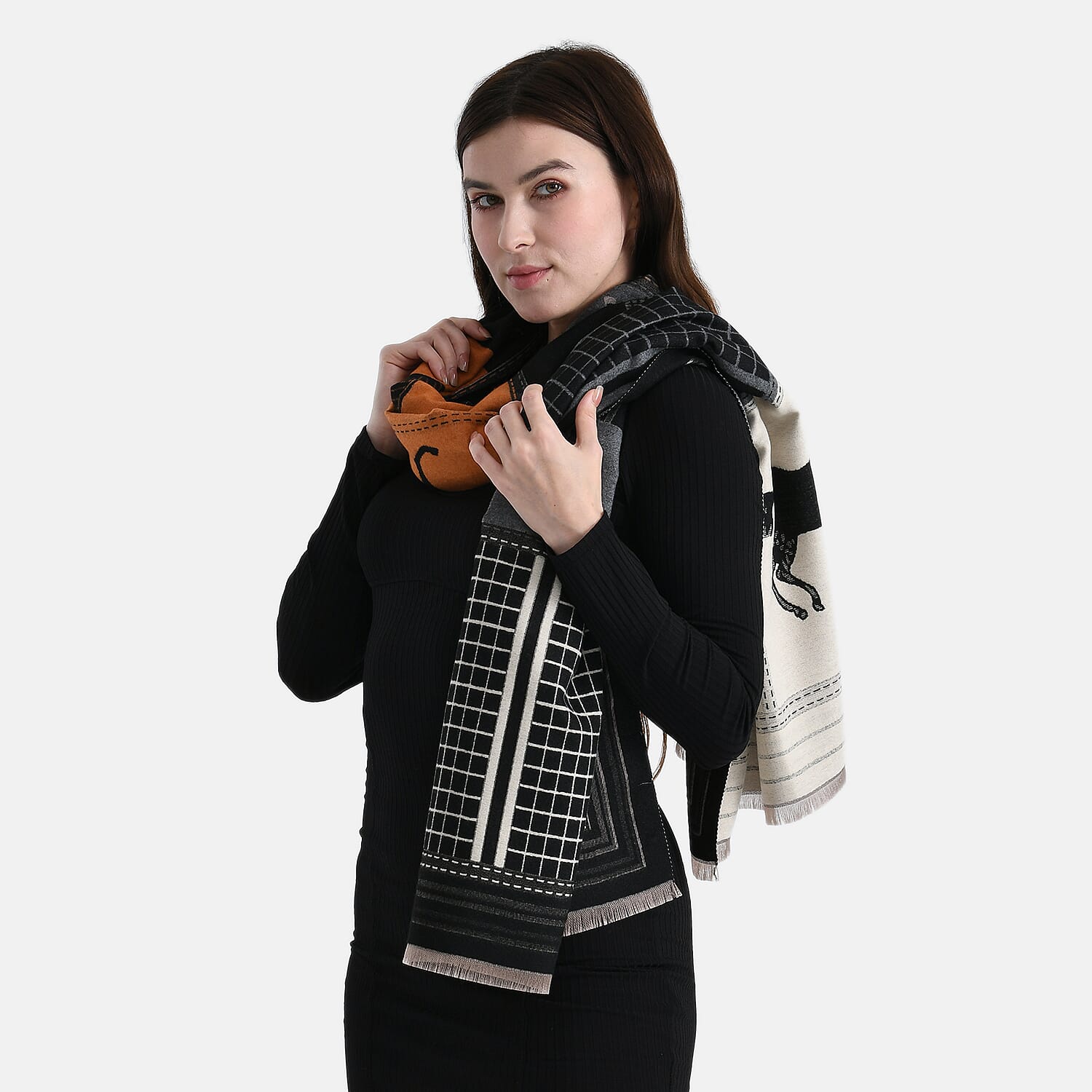 Styled By Horse Print Scarf (64x180cm) - Black, White - Brown