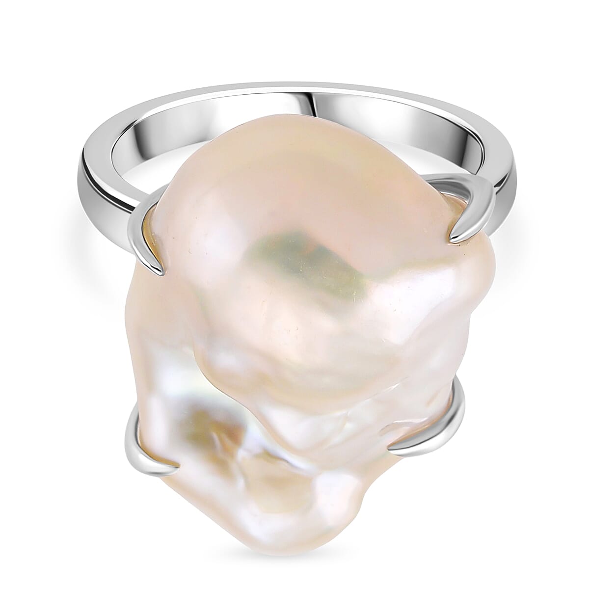 White Baroque Pearl Ring in Rhodium Overlay Sterling Silver 32.80 Ct.