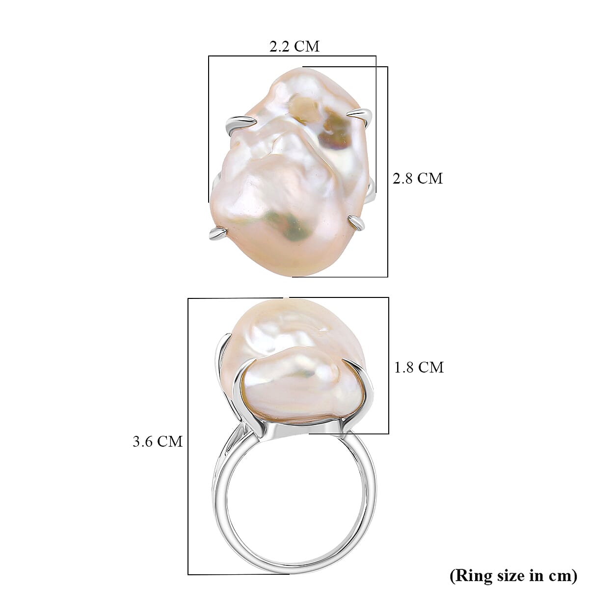 White Baroque Pearl Ring in Rhodium Overlay Sterling Silver 32.80 Ct.