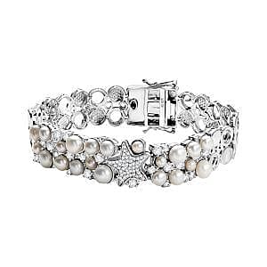 Sealife Collection - White Pearl, Blue Sapphire & White Zircon Cluster Bracelet (Size 7.5) in Rhodium Overlay Sterling Silver 19.30 Ct, Silver Wt. 27.60 Gms.