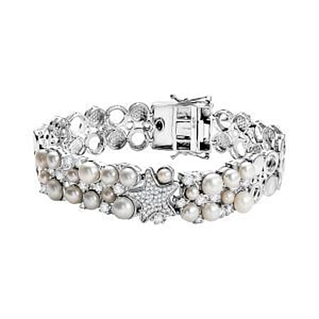 Sealife Collection - White Pearl, Blue Sapphire & White Zircon Cluster Bracelet (Size 7.5) in Rhodium Overlay Sterling Silver 19.30 Ct, Silver Wt. 27.60 Gms.