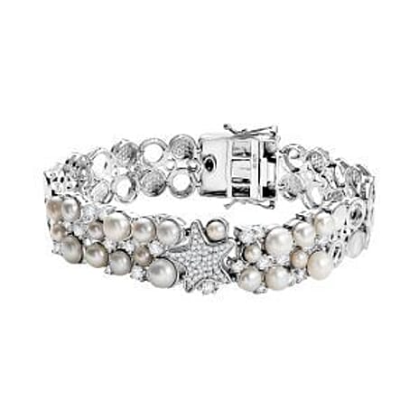 Sealife Collection - White Pearl, Blue Sapphire & White Zircon Cluster Bracelet (Size 7.5) in Rhodium Overlay Sterling Silver 19.30 Ct, Silver Wt. 27.60 Gms.