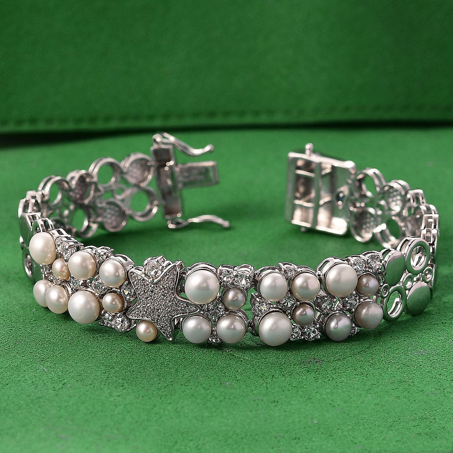 Sealife Collection - White Pearl, Blue Sapphire & White Zircon Cluster Bracelet (Size 7.5) in Rhodium Overlay Sterling Silver 19.30 Ct, Silver Wt. 27.60 Gms.