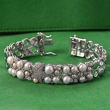 Sealife Collection - White Pearl, Blue Sapphire & White Zircon Cluster Bracelet (Size 7.5) in Rhodium Overlay Sterling Silver 19.30 Ct, Silver Wt. 27.60 Gms.