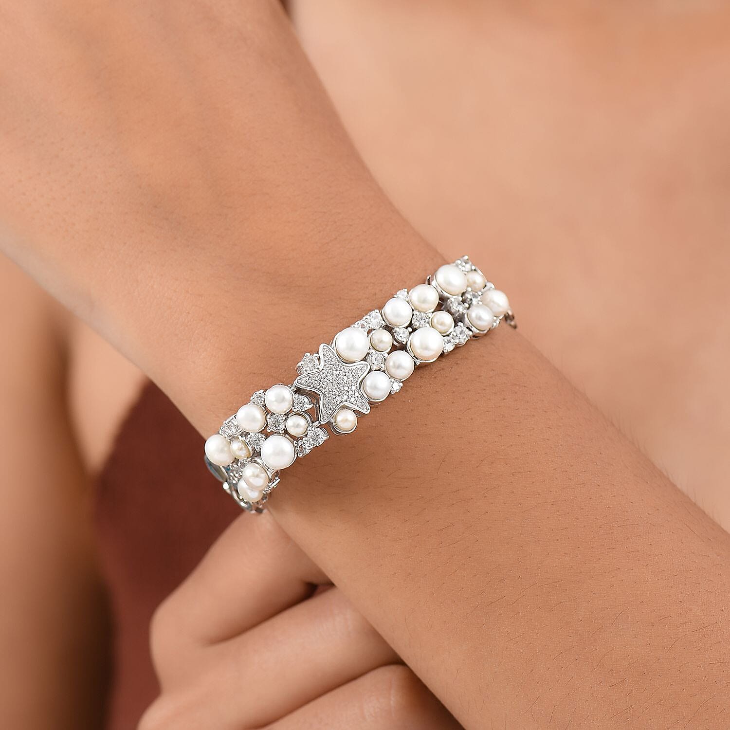 Sealife Collection - White Pearl, Blue Sapphire & White Zircon Cluster Bracelet (Size 7.5) in Rhodium Overlay Sterling Silver 19.30 Ct, Silver Wt. 27.60 Gms.