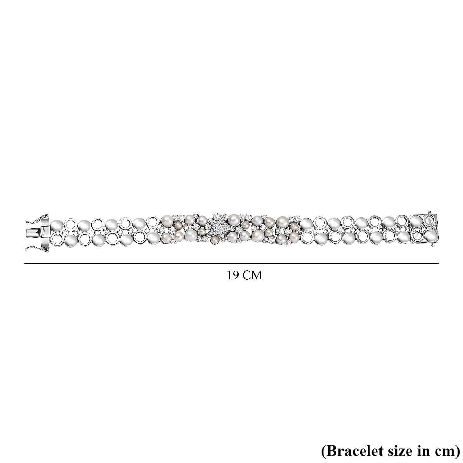 Sealife Collection - White Pearl, Blue Sapphire & White Zircon Cluster Bracelet (Size 7.5) in Rhodium Overlay Sterling Silver 19.30 Ct, Silver Wt. 27.60 Gms.