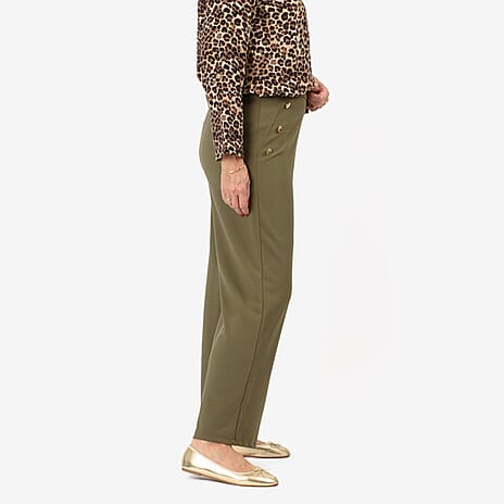 Anamor Gold Button Bubble Crepe Flared Trousers (Size 16) - Olive