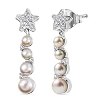 GP Sealife Collection - White Pearl, White Zircon Starfish Dangling Push Post Earring in Rhodium Overlay Sterling Silver 5.70 Ct.