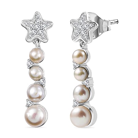 GP Sealife Collection - White Pearl, White Zircon Starfish Dangling Push Post Earring in Rhodium Overlay Sterling Silver 5.70 Ct.