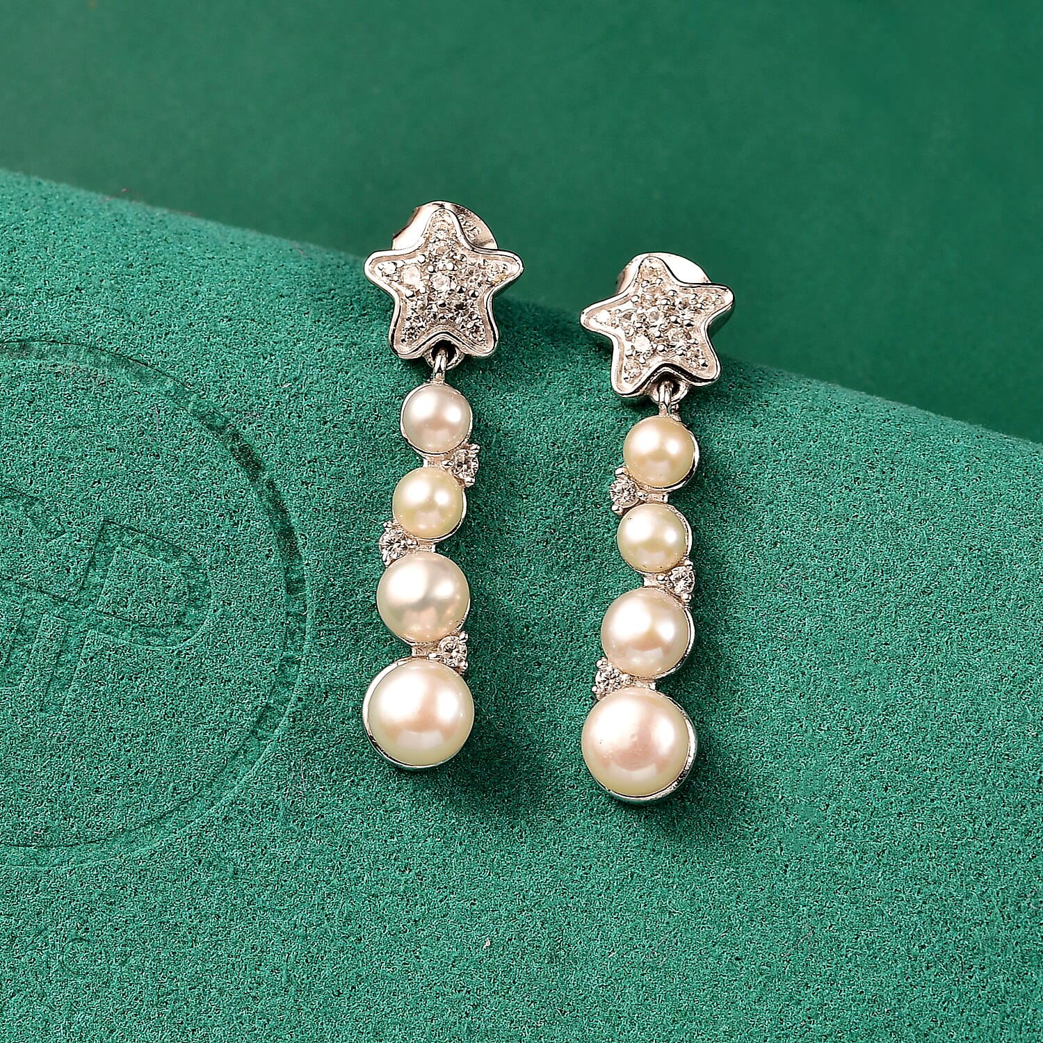 GP Sealife Collection - White Pearl, Blue Sapphire, White Zircon Solitaire Stud Push Post Earring in Rhodium Overlay Sterling Silver 5.70 Ct.