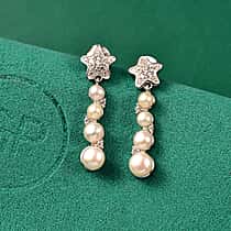 GP Sealife Collection - White Pearl, White Zircon Starfish Dangling Push Post Earring in Rhodium Overlay Sterling Silver 5.70 Ct.