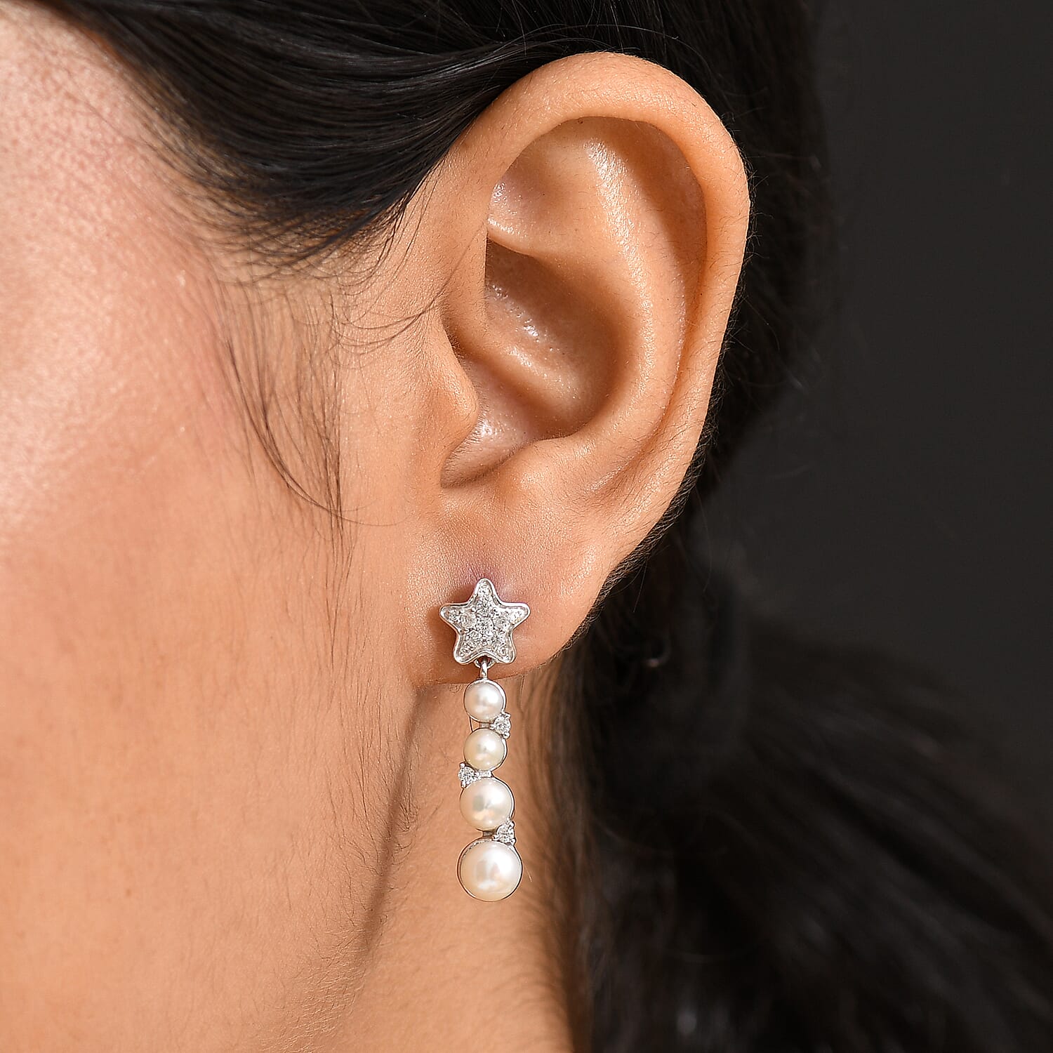 GP Sealife Collection - White Pearl, Blue Sapphire, White Zircon Solitaire Stud Push Post Earring in Rhodium Overlay Sterling Silver 5.70 Ct.