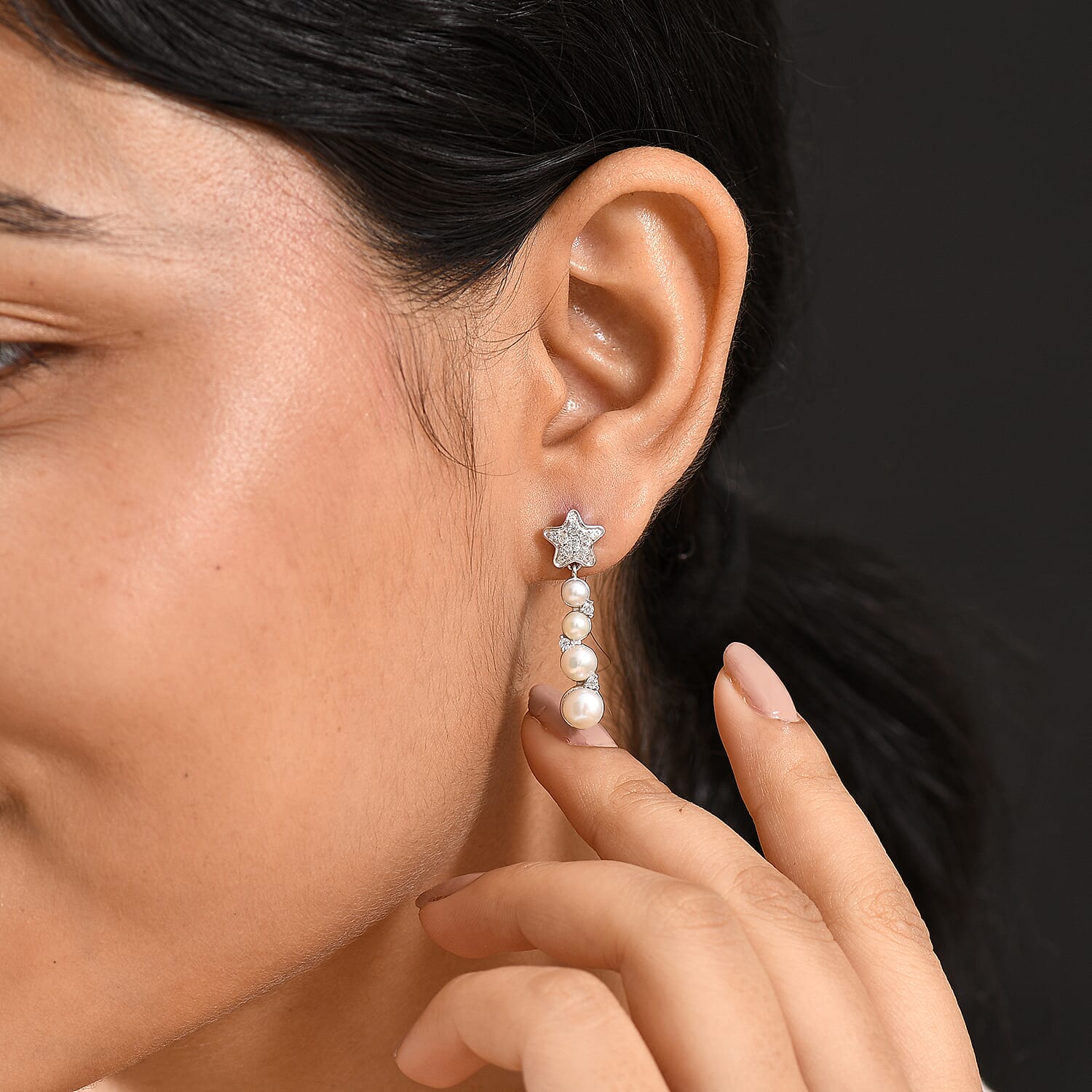 GP Sealife Collection - White Pearl, Blue Sapphire, White Zircon Solitaire Stud Push Post Earring in Rhodium Overlay Sterling Silver 5.70 Ct.