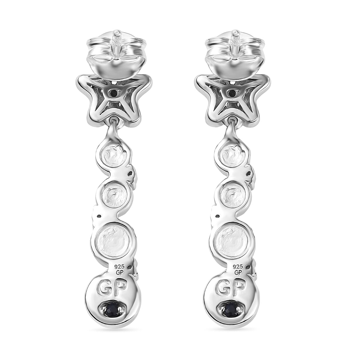 GP Sealife Collection - White Pearl, Blue Sapphire, White Zircon Solitaire Stud Push Post Earring in Rhodium Overlay Sterling Silver 5.70 Ct.