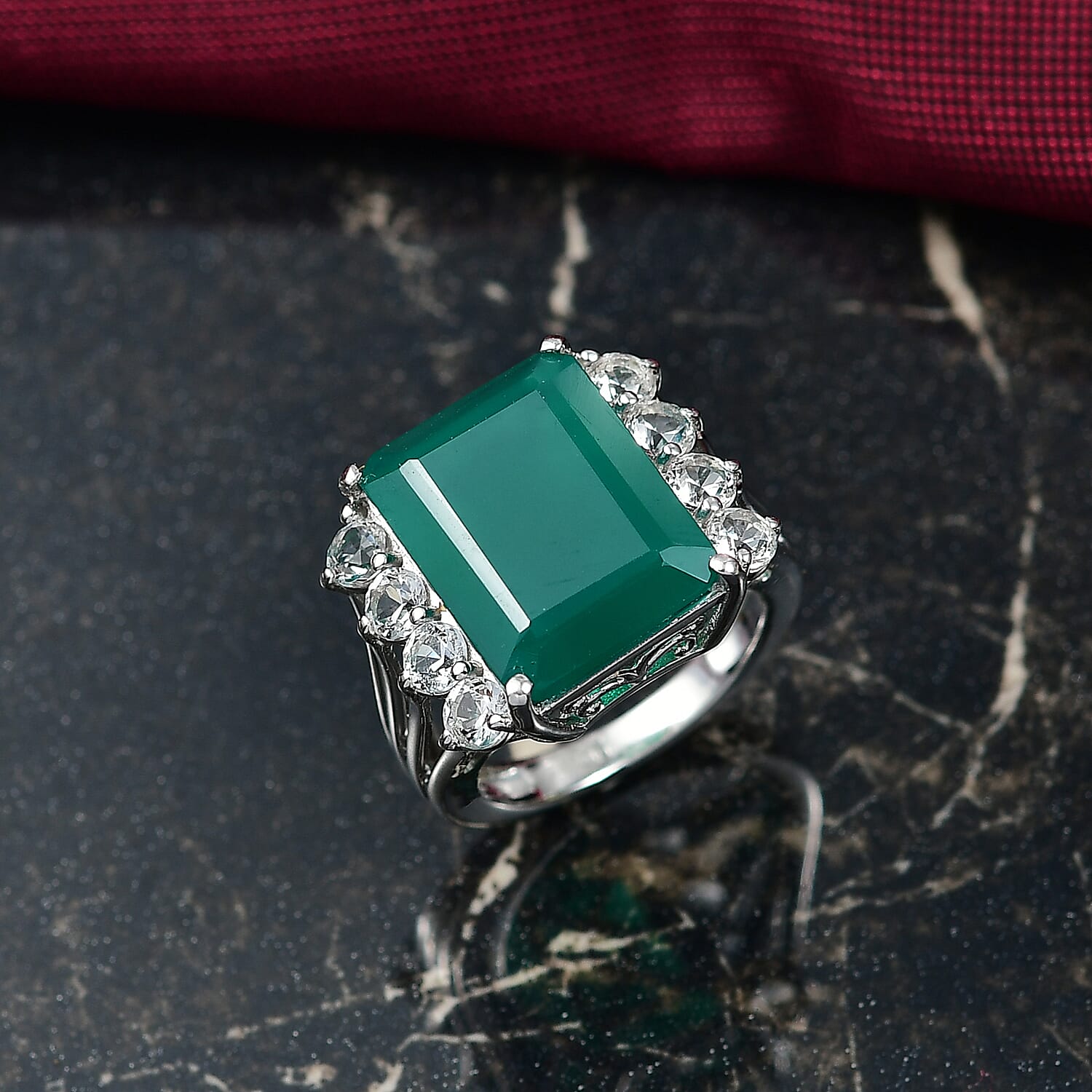 Verde Onyx & White Topaz Ring in Platinum Overlay Sterling Silver 11.99 Ct.