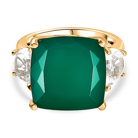 Verde Onyx & White Topaz Ring in 14K Yellow Gold Plating Sterling Silver 12.73 Ct.