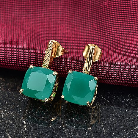 Verde Onyx Solitaire Stud Push Post Earring in 14K Yellow Gold Plating Sterling Silver 8.13 Ct.