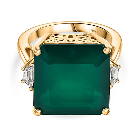 Verde Onyx & White Zircon Ring in 14K Yellow Gold Plating Sterling Silver 12.80 Ct.
