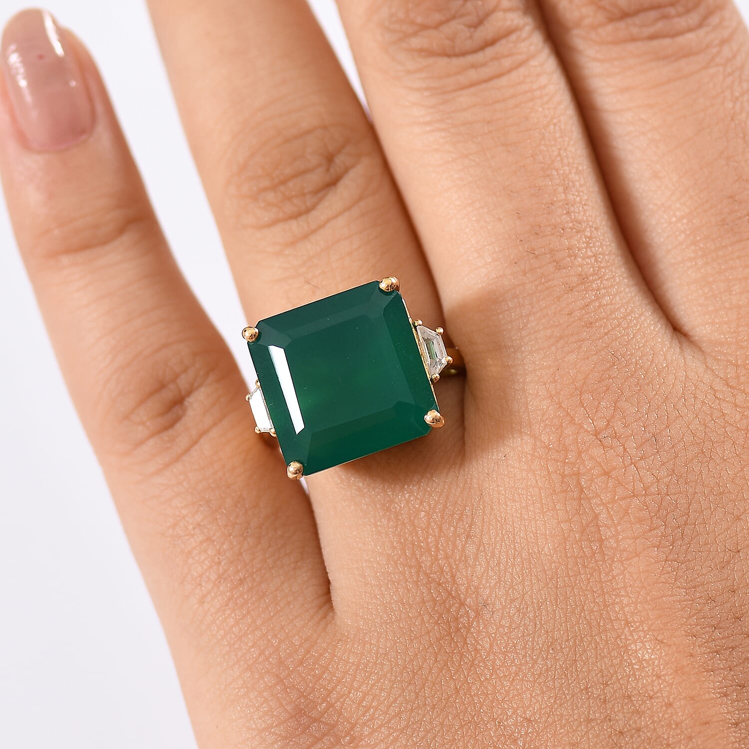 Verde Onyx & White Zircon Ring in 14K Yellow Gold Plating Sterling Silver 12.80 Ct.