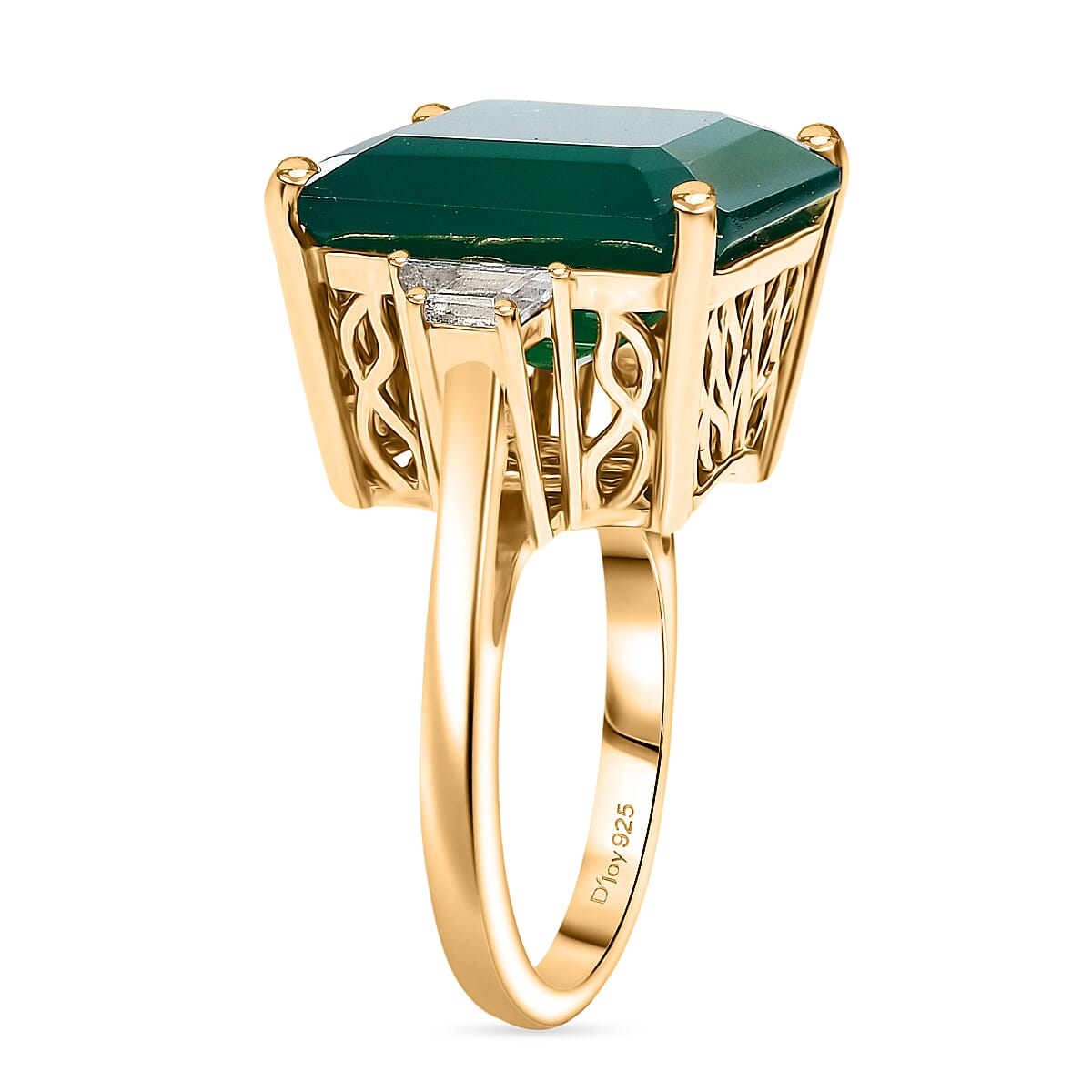 Verde Onyx & White Zircon Ring in 14K Yellow Gold Plating Sterling Silver 12.80 Ct.