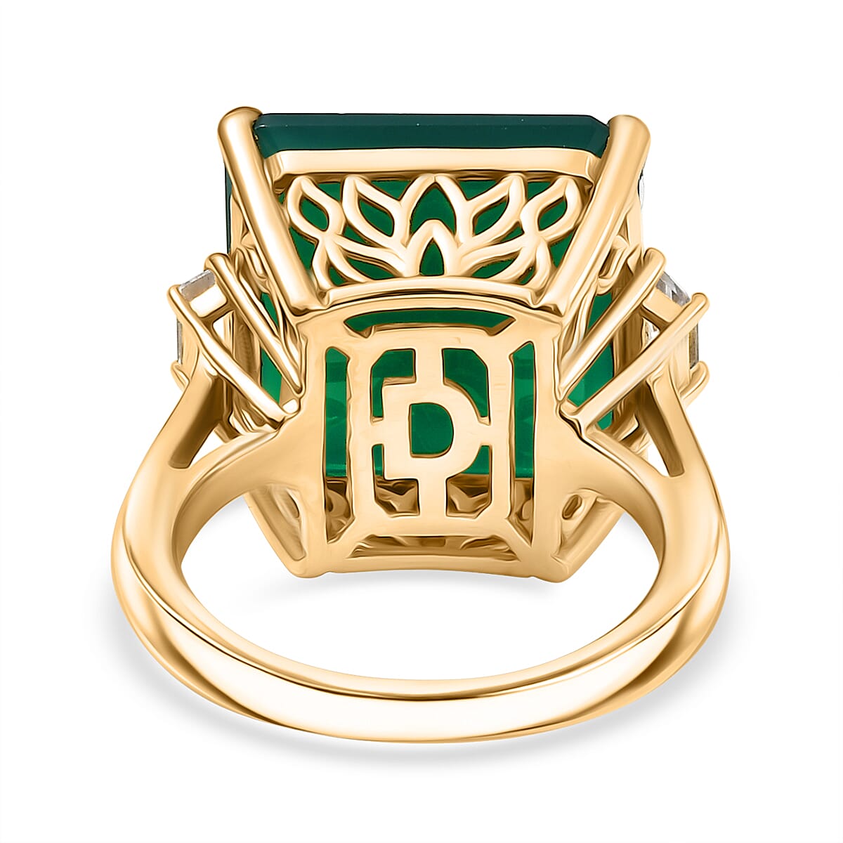 Verde Onyx & White Zircon Ring in 14K Yellow Gold Plating Sterling Silver 12.80 Ct.