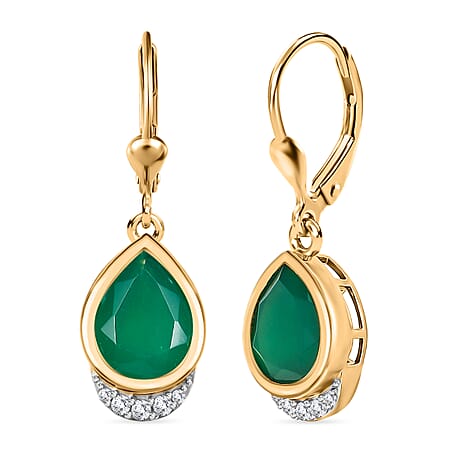 Verde Onyx, White Zircon Teardrop Earring in Yellow Gold Plated Sterling Silver 4.64 Ct.