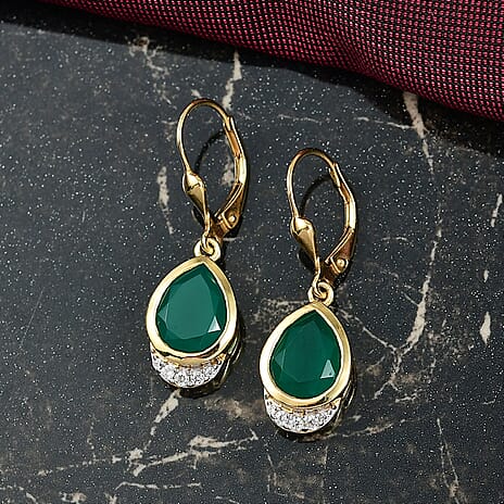 Verde Onyx & White Zircon Lever Back Earring in 14K Yellow Gold Plating Sterling Silver 4.64 Ct.