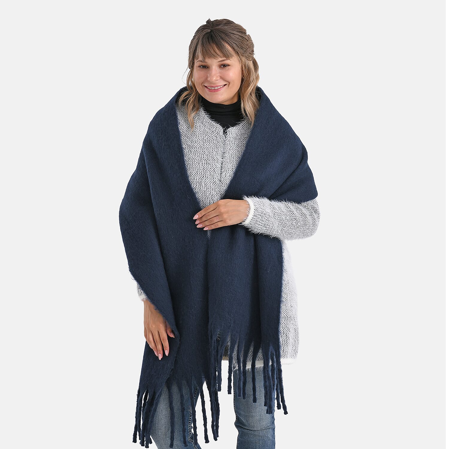 Soft Touch Large Tassle Scarf (190 x 40 cm) - Navy