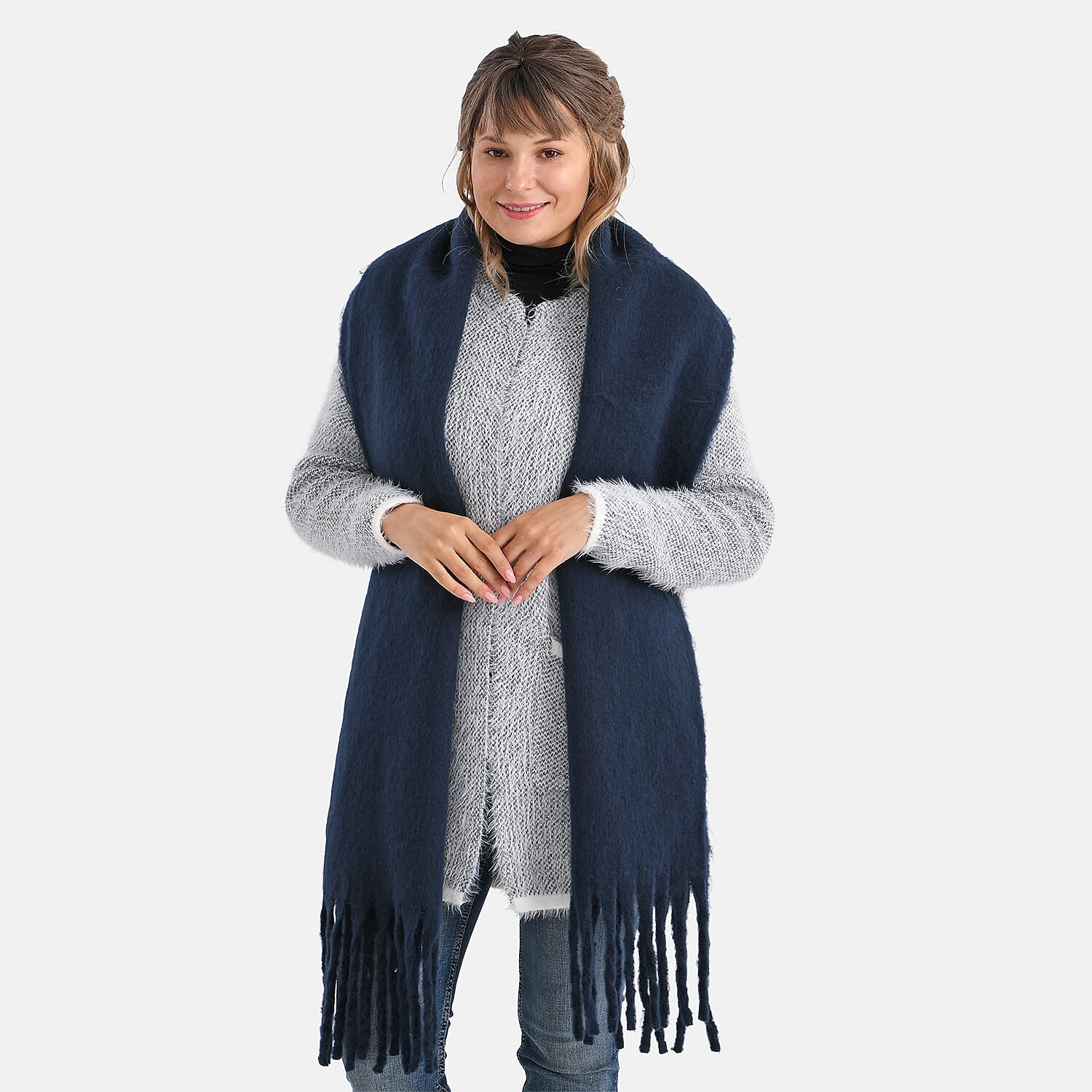 Soft Touch Large Tassle Scarf (190 x 40 cm) - Navy