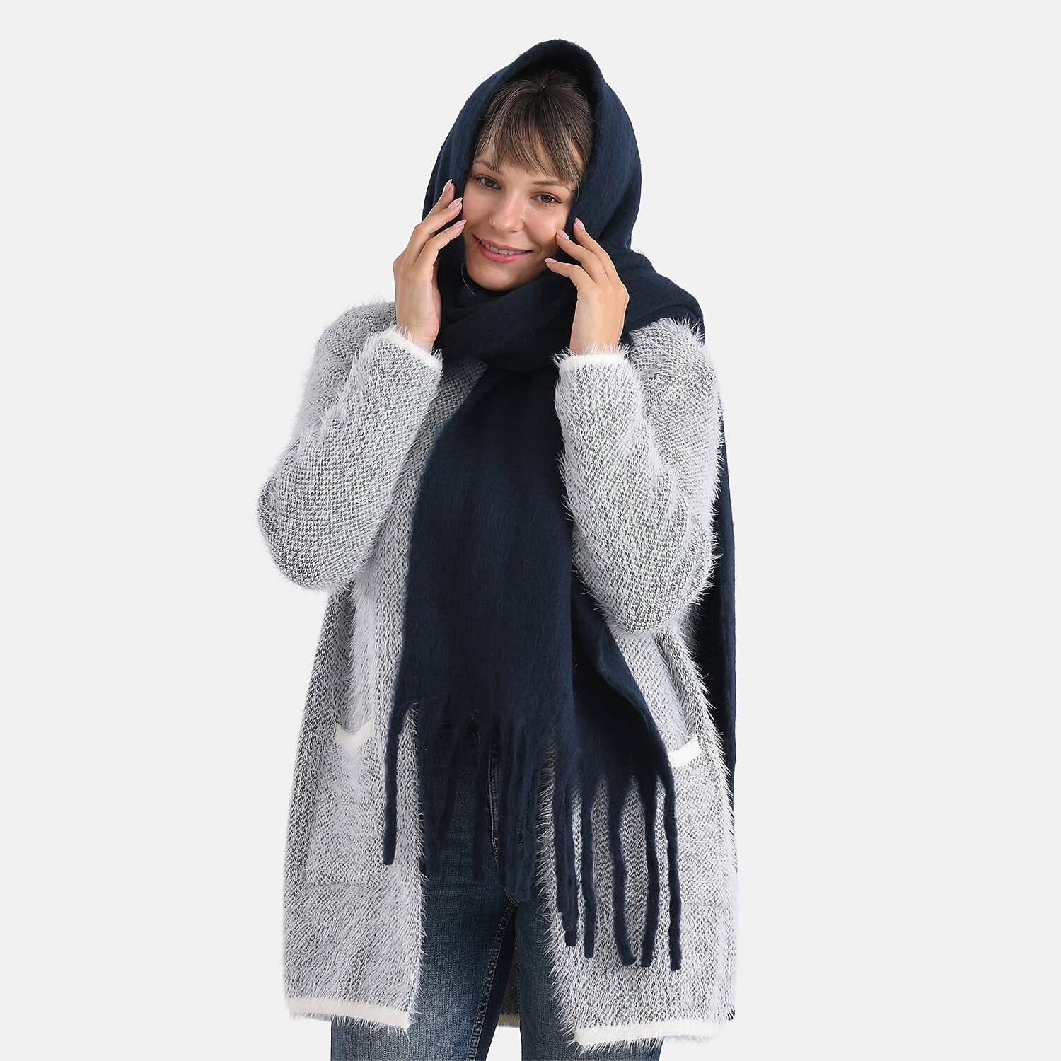 Soft Touch Large Tassle Scarf (190 x 40 cm) - Navy