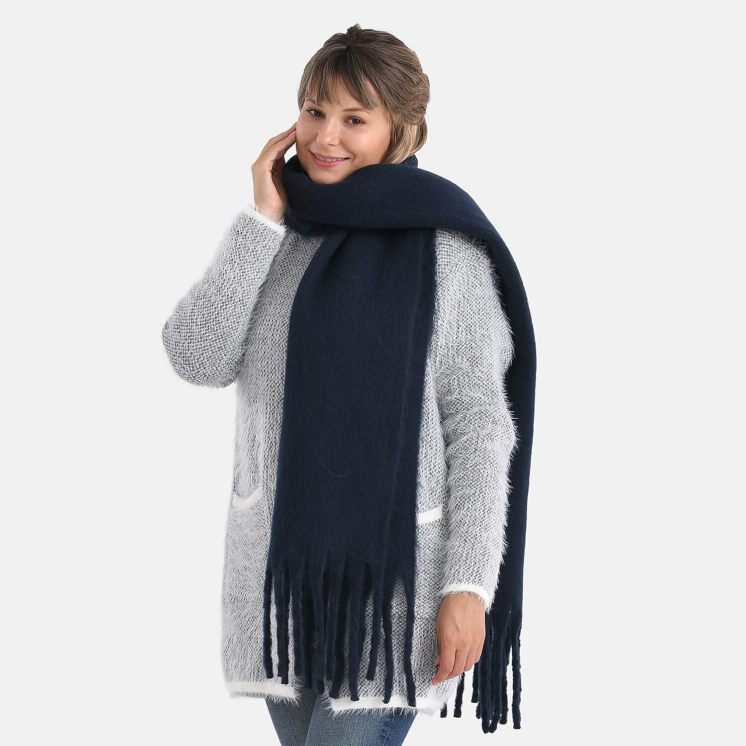Soft Touch Large Tassle Scarf (190 x 40 cm) - Navy