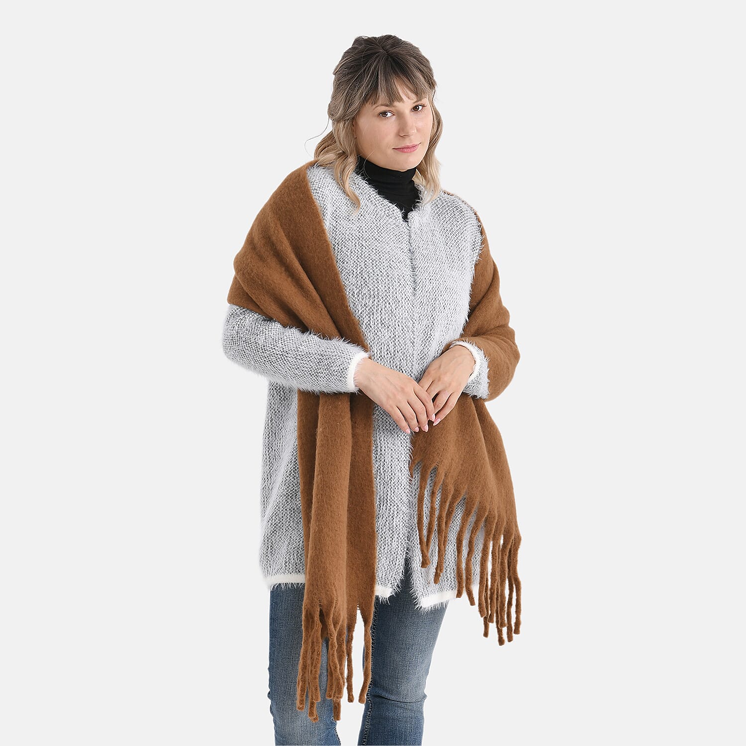 Soft Touch Large Tassle Scarf (190 x 40 cm) - Coffee