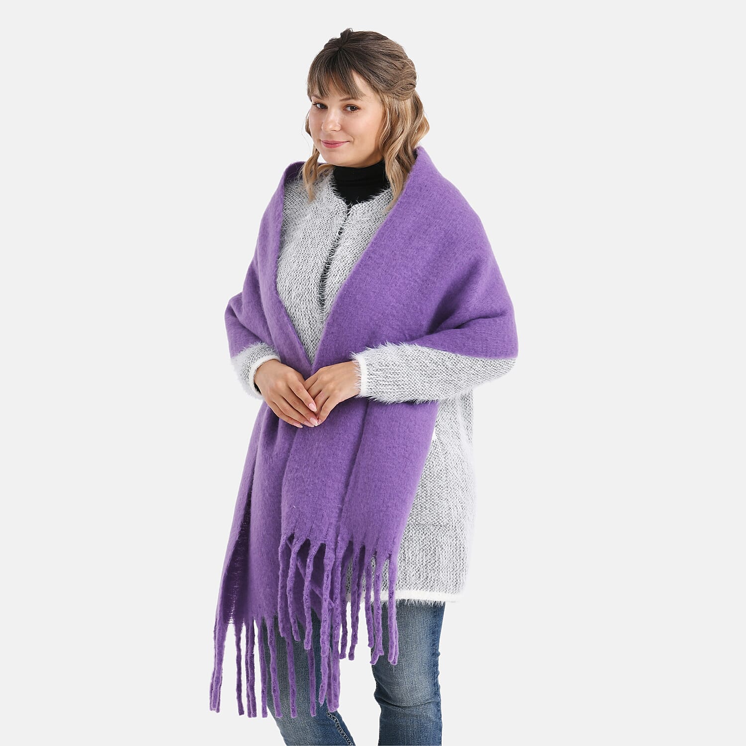 Soft Touch Large Tassle Scarf (190 x 40 cm) - Purple