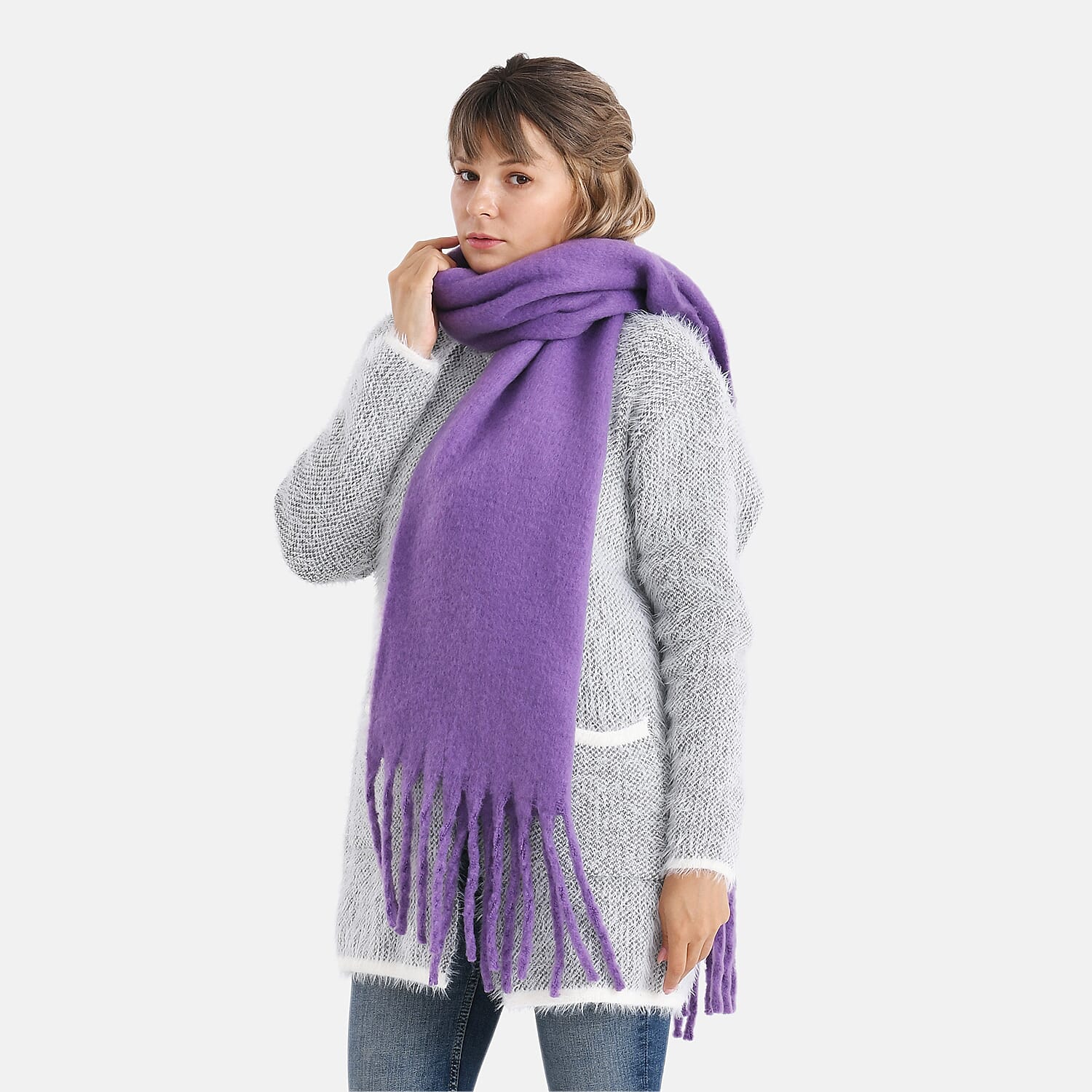 Soft Touch Large Tassle Scarf (190 x 40 cm) - Purple
