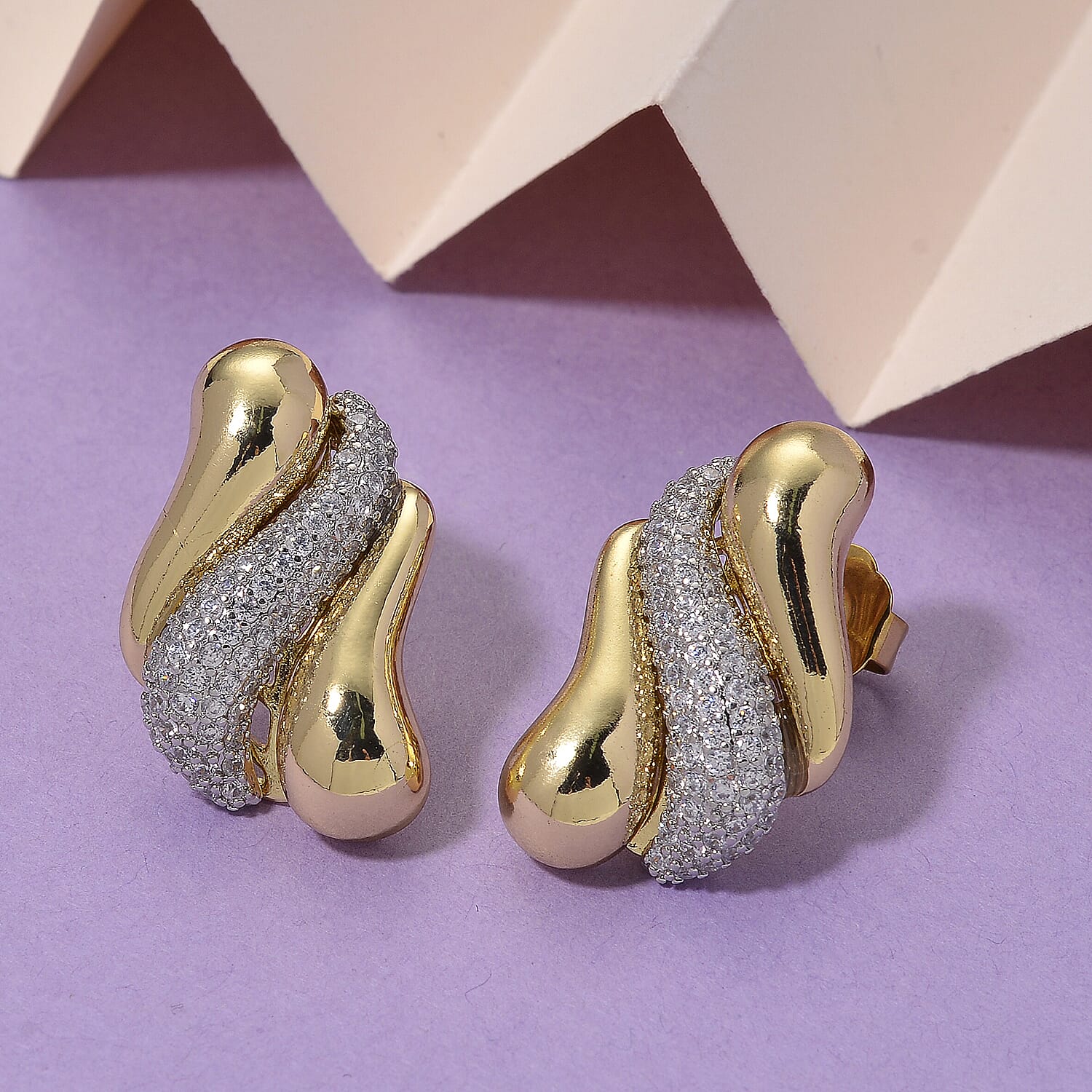 White Cubic Zirconia Two Tone Stud Push Back Earrings