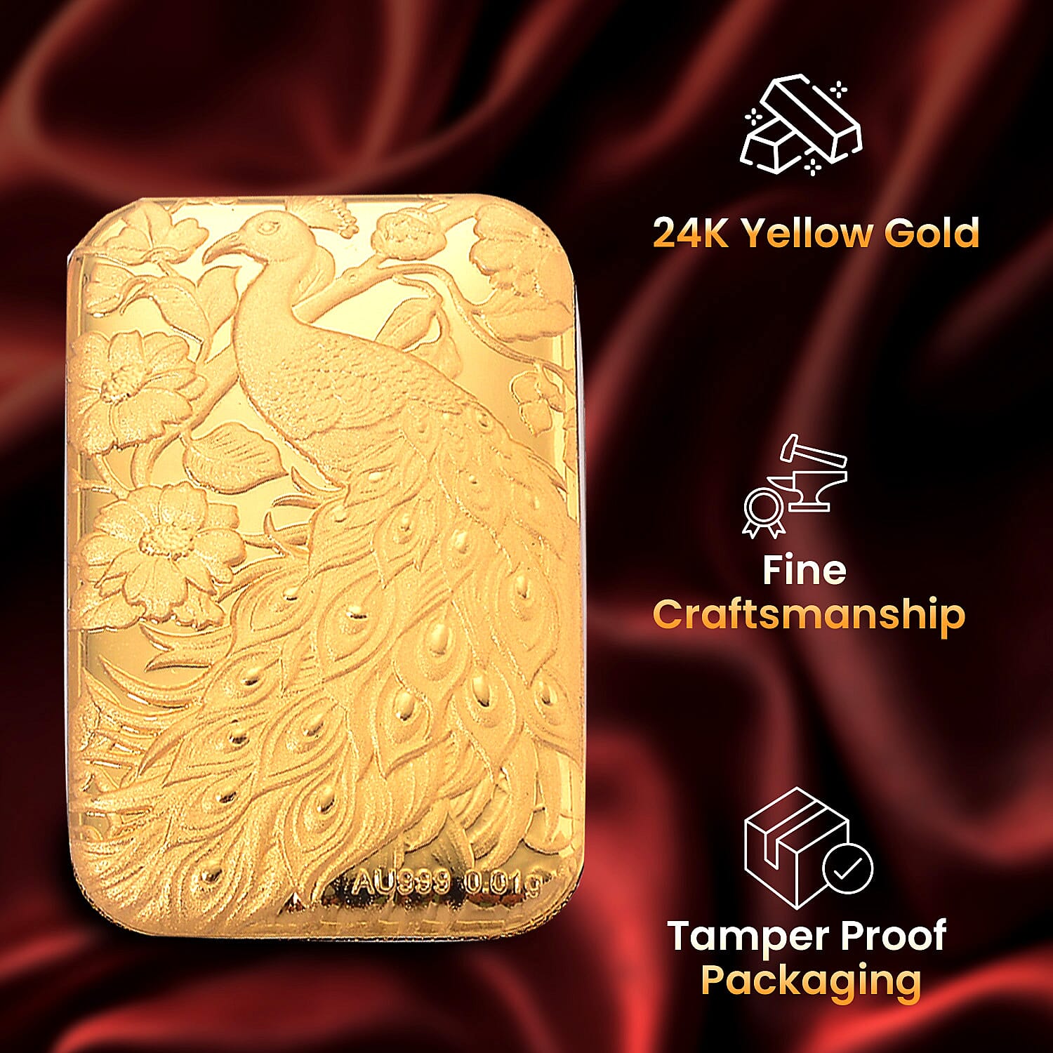24K Yellow Gold (99.99% Purity) Peacock Embossment Gold Collectible (39.75 x 25.50 mm)