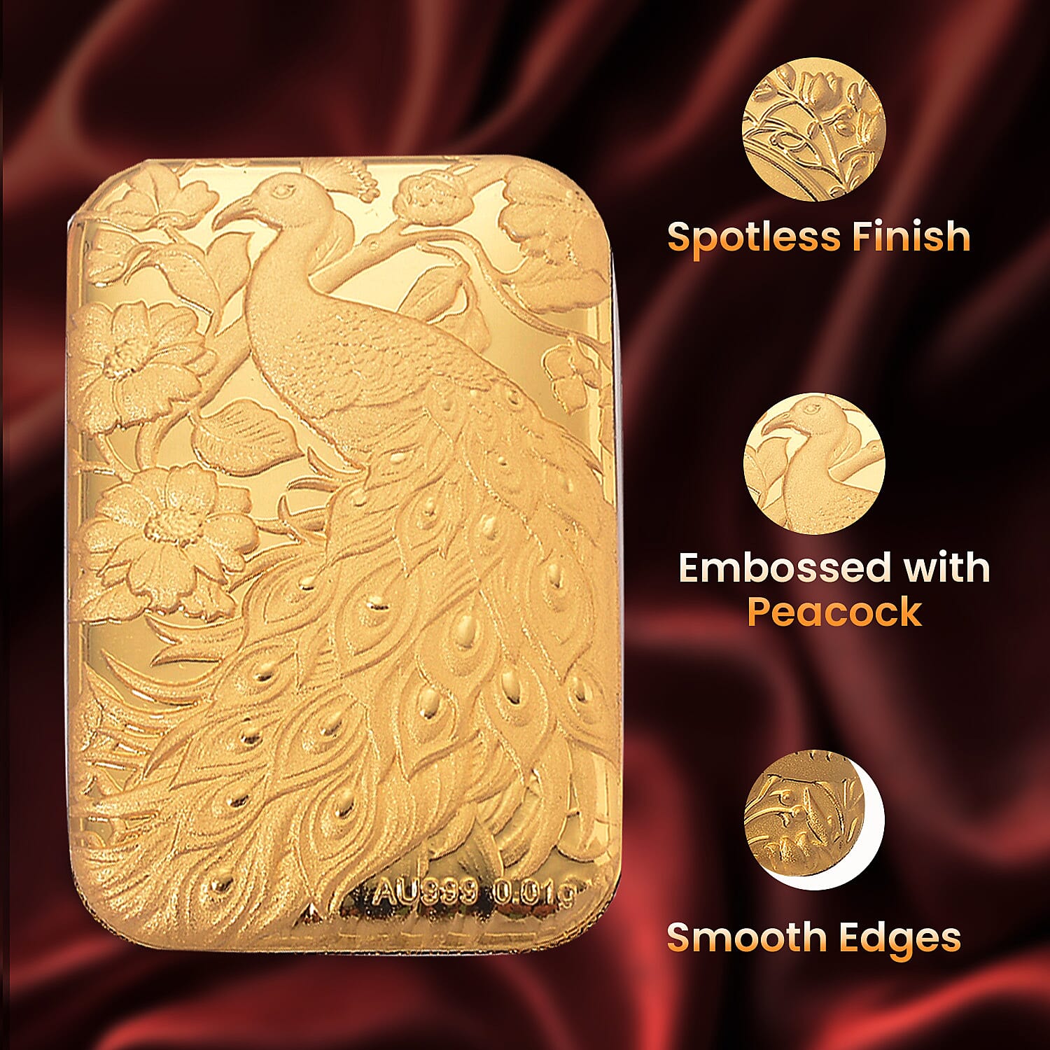 24K Yellow Gold (99.99% Purity) Peacock Embossment Gold Collectible (39.75 x 25.50 mm)