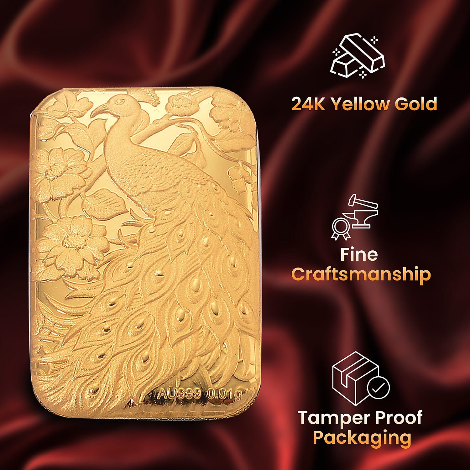 24K Yellow Gold (99.99% Purity) Peacock Embossment Gold Collectible (39.75 x 25.50 mm)