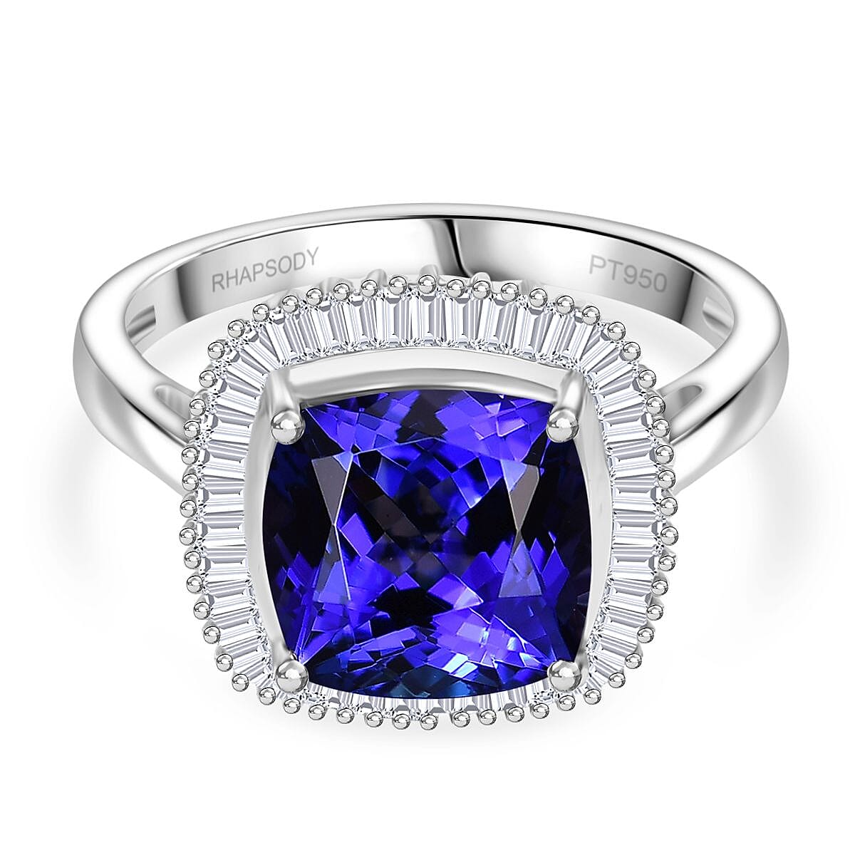 Rhapsody 950 Platinum AAAA Tanzanite & VS-E-F White Diamond Cushion Cut Halo Ring 5.03 Ct, Platinum Wt. 6.70 Gms