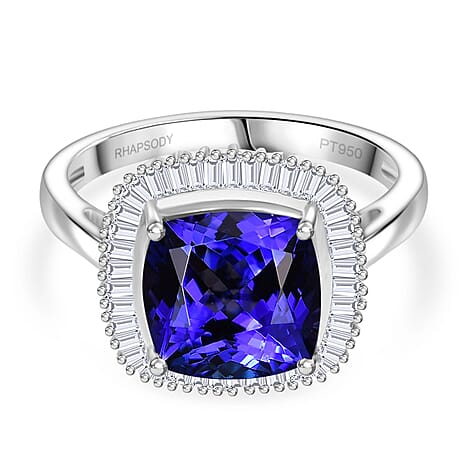 Rhapsody 950 Platinum AAAA Tanzanite & VS-E-F White Diamond Cushion Cut Halo Ring 5.03 Ct, Platinum Wt. 6.70 Gms