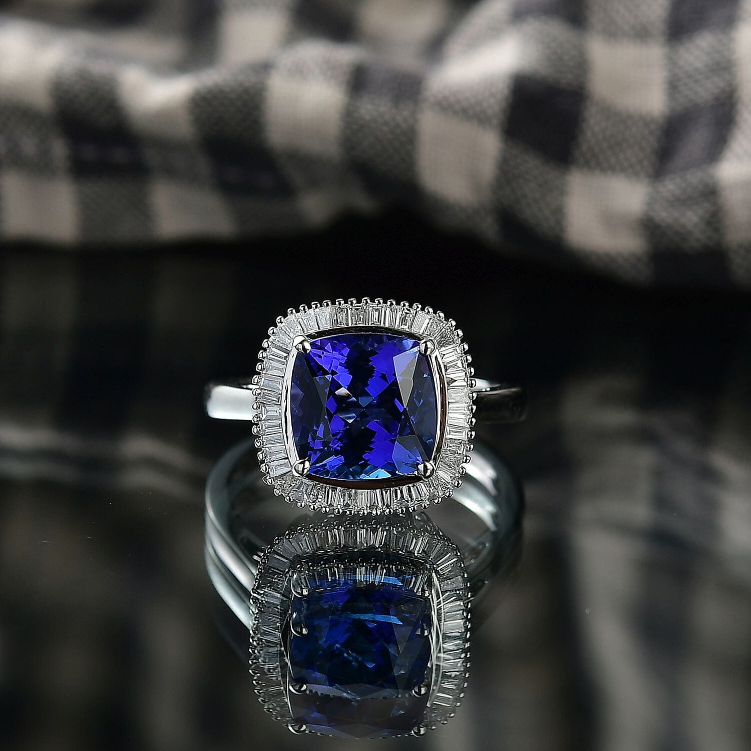 Rhapsody 950 Platinum AAAA Tanzanite & VS-E-F White Diamond Cushion Cut Halo Ring 5.03 Ct, Platinum Wt. 6.70 Gms